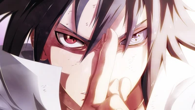 Sasuke Uchiha avec Sharingan et Rinnegan, montrant une intense détermination dans l'anime Naruto.