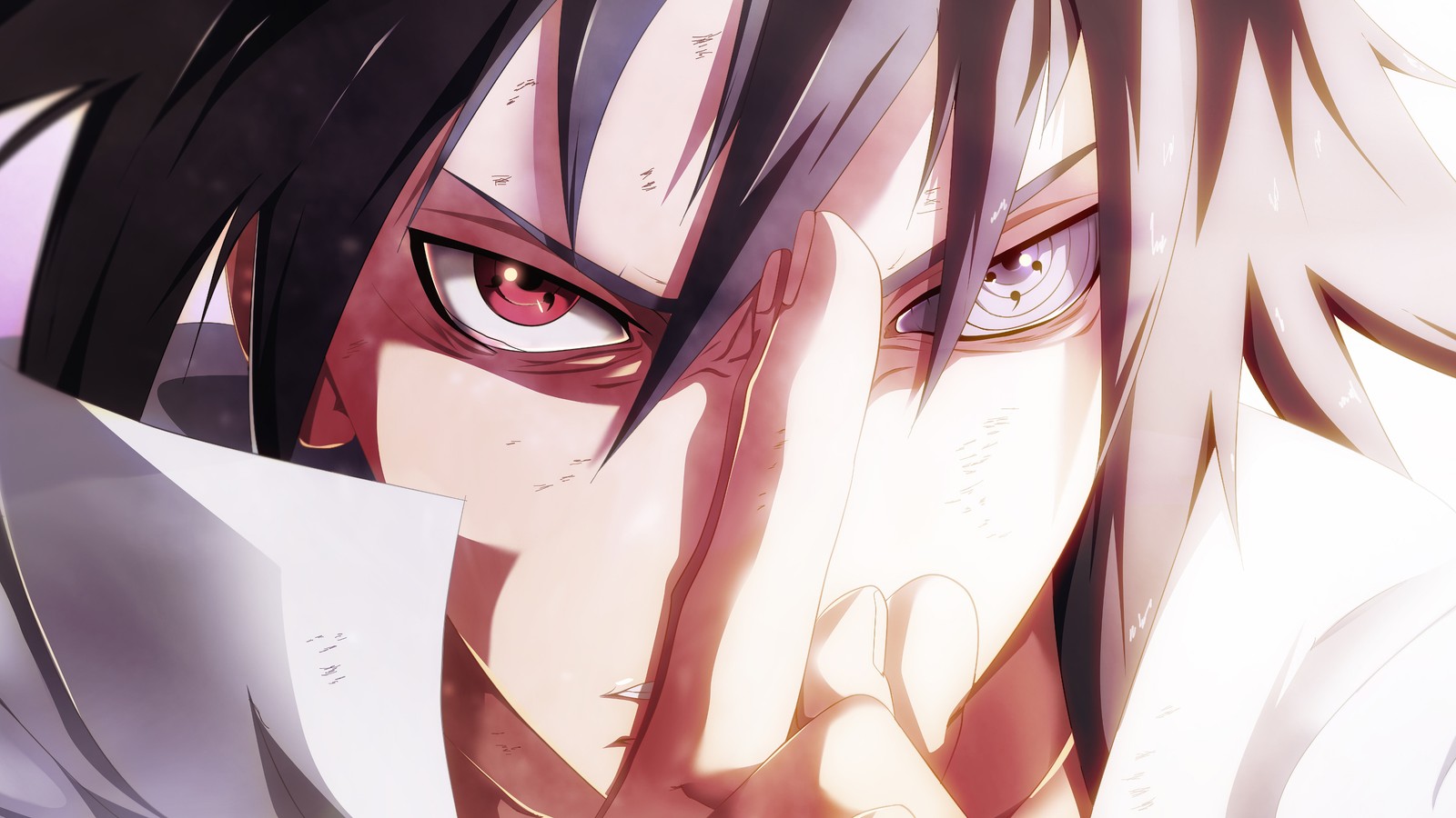 Anime, a man with long hair and a white shirt is holding his hand to his face (sasuke uchiha, sharingan, rinnegan, naruto anime, anime)