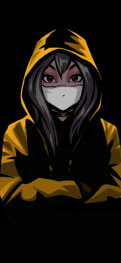 Personagem de anime misterioso com capa com capuz amarelo