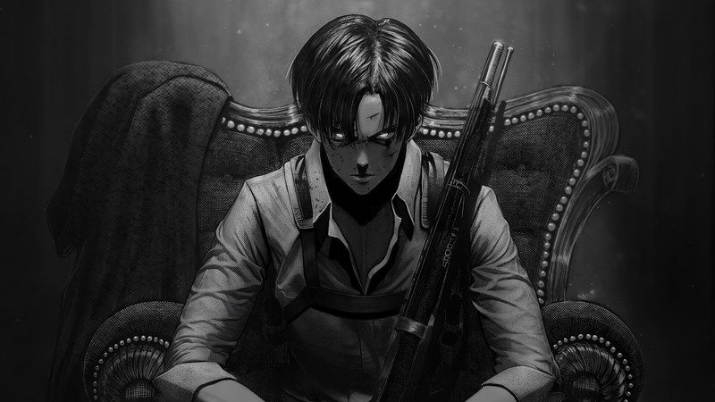 Аниме, мужчина с оружием, сидящий в кресле (атака титанов, attack on titan, shingeki no kyojin, aot, аниме)