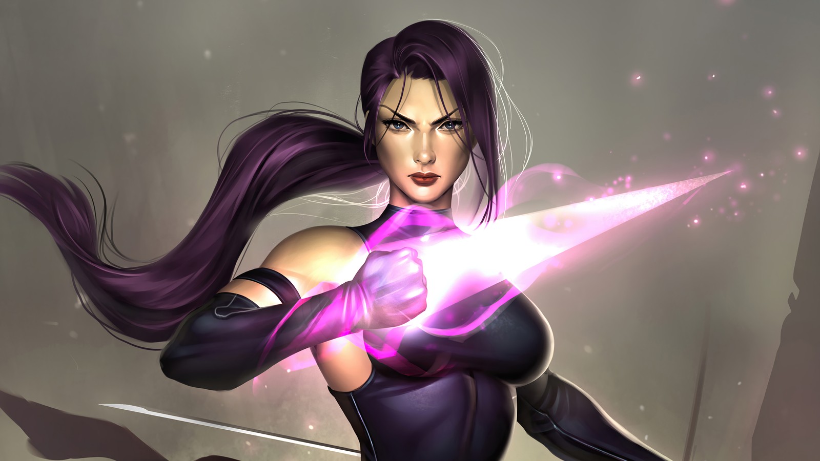 Женщина с длинными фиолетовыми волосами держит меч в руке (псайлок, psylocke, marvel comics, супергерой, девочки)