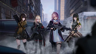 Meninas na linha de frente: Guerreiras de anime armadas em combate urbano