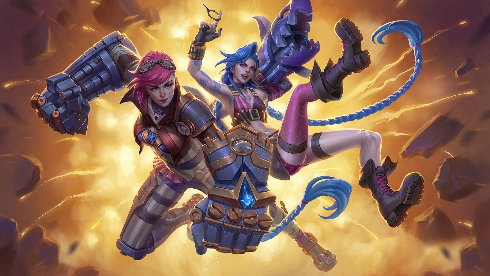 A couple of women in armor are fighting over a fire (vi, jinx, league of legends, lol, video game)