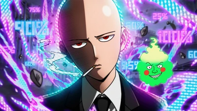 Saitama en costume avec une cigarette, entouré d'éléments numériques vibrants et d'un personnage ludique.