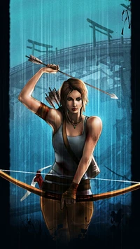 Lara Croft, lista con un arco y flecha, encarna la fuerza y la determinación contra un impresionante fondo azul eléctrico.