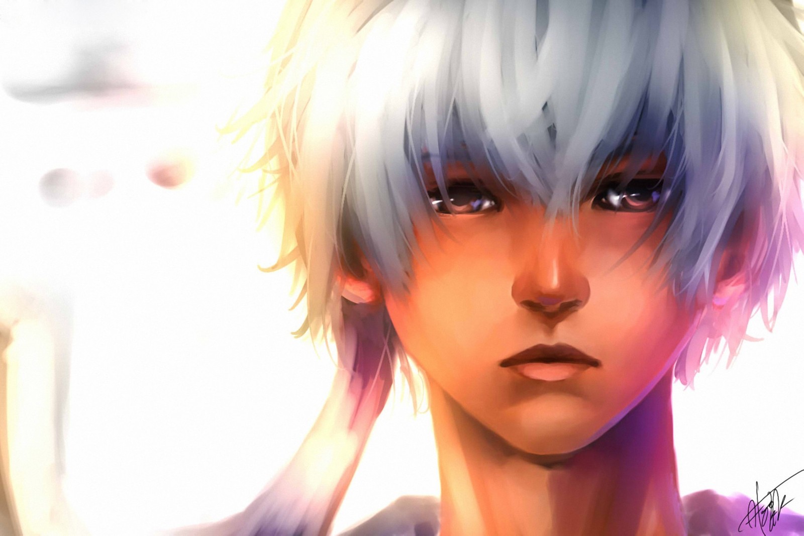 Un garçon anime avec des cheveux blancs et des yeux bleus regardant l'appareil photo (gintoki sakata, cheveux, visage, anime, coiffure)