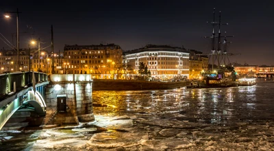 Nighttime Cityscape of Saint Petersburg with Reflections on the Waterway