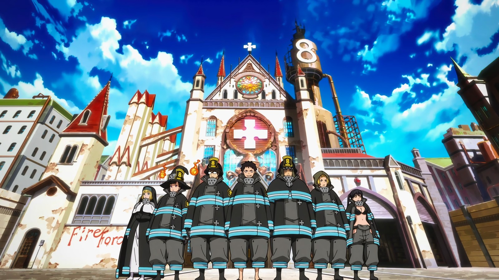 fire force, anime, enen no shouboutai, cathedral, church wallpaper