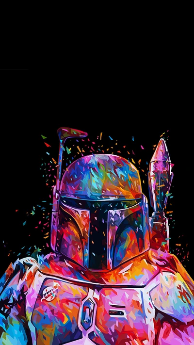 Pintura acrílica vibrante de um stormtrooper, apresentando cores azul elétrico e magenta, contra um fundo escuro, exibindo efeitos visuais artísticos.