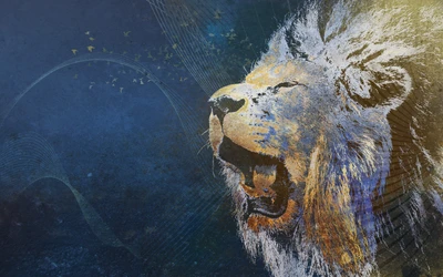 Majestic Lion Roaring Amidst Textured Blue Background