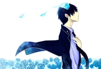 Rin Okumura avec des roses bleues flottantes, incarnant l'esprit d'un exorciste contre un fond de ciel serein.