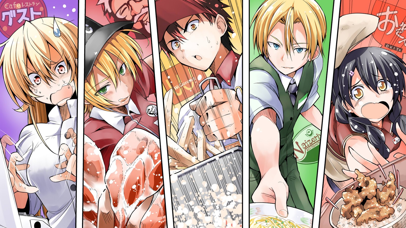 Аниме персонажи стоят в ряд с едой перед ними (пищевые войны, shokugeki no soma, 食戟のソーマ, аниме, anime)