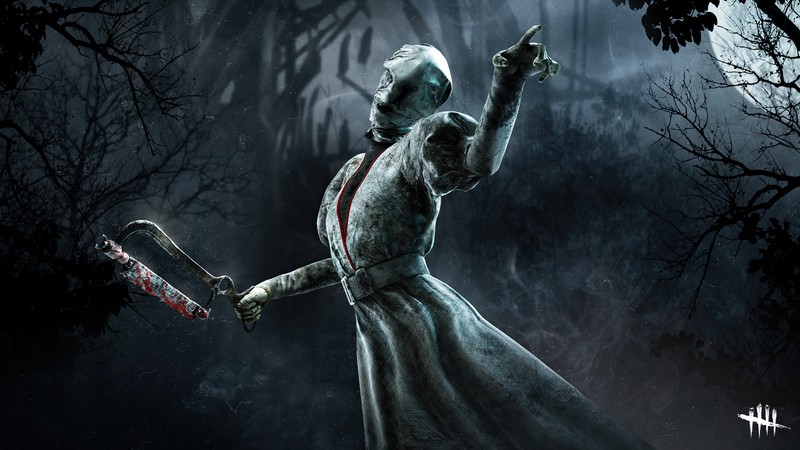 Женщина в длинном платье с ножом в темном лесу (dead by daylight, видеоигра, медсестра, салли смитсон, sally smithson)