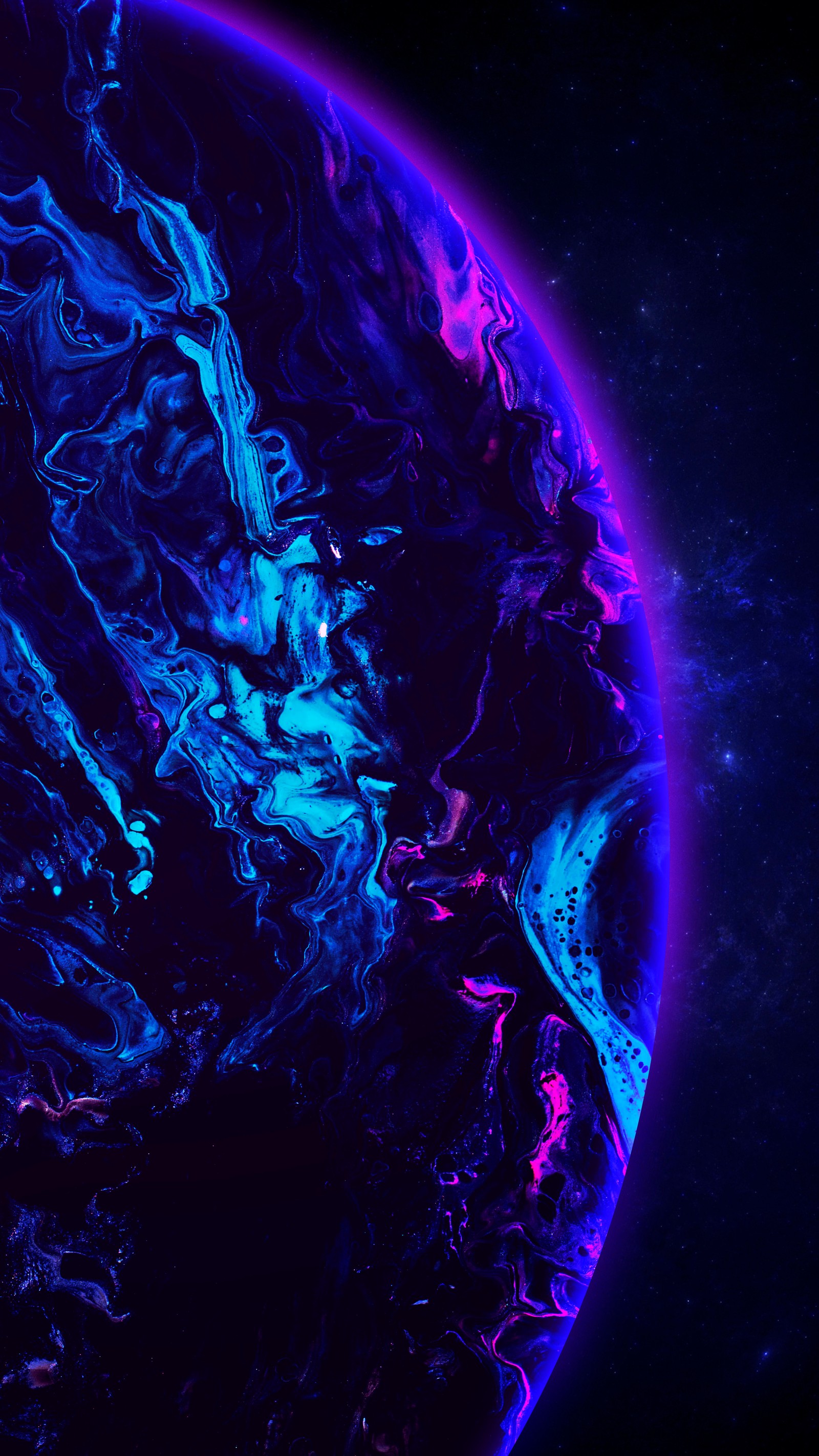 A close up of a blue and purple abstract painting on a black background (earth, water, world, art, astronomical object)