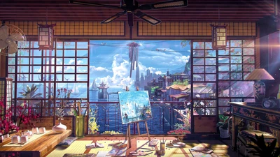 A serene artist's studio featuring a vibrant painting in progress, with large windows showcasing a stunning waterfront cityscape, illuminated by soft, natural light filtering through traditional wooden architecture.