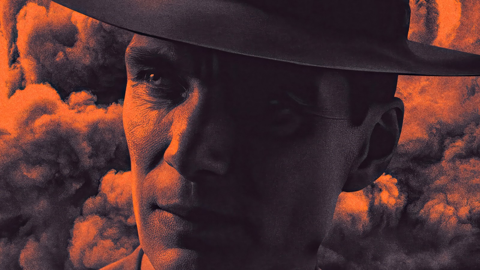 Un primer plano de un hombre con sombrero y corbata con un fondo de humo (oppenheimer, película, 2023, cillian murphy)