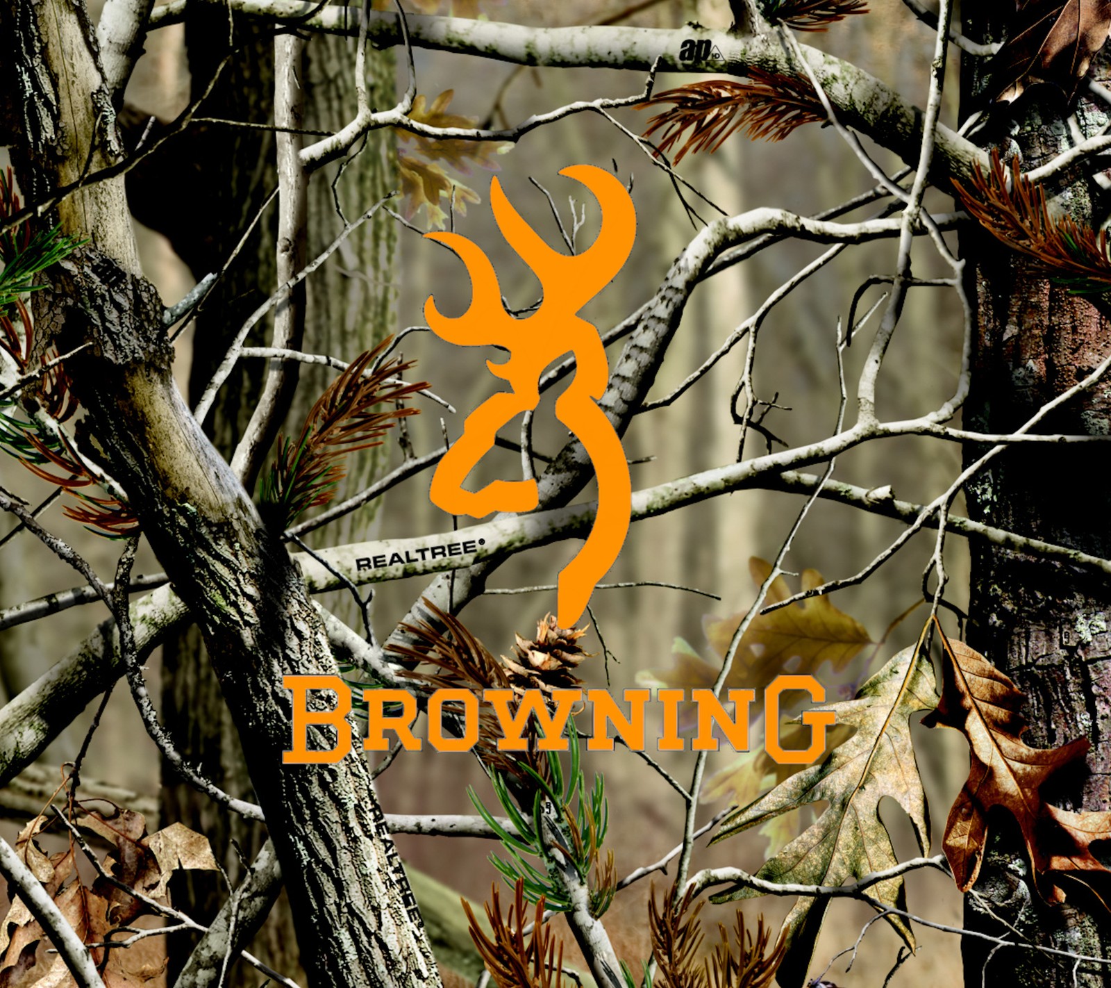 Un primer plano de un árbol con un logotipo de ciervo en él (browning, buck, buckmark, camuflaje, ciervo)