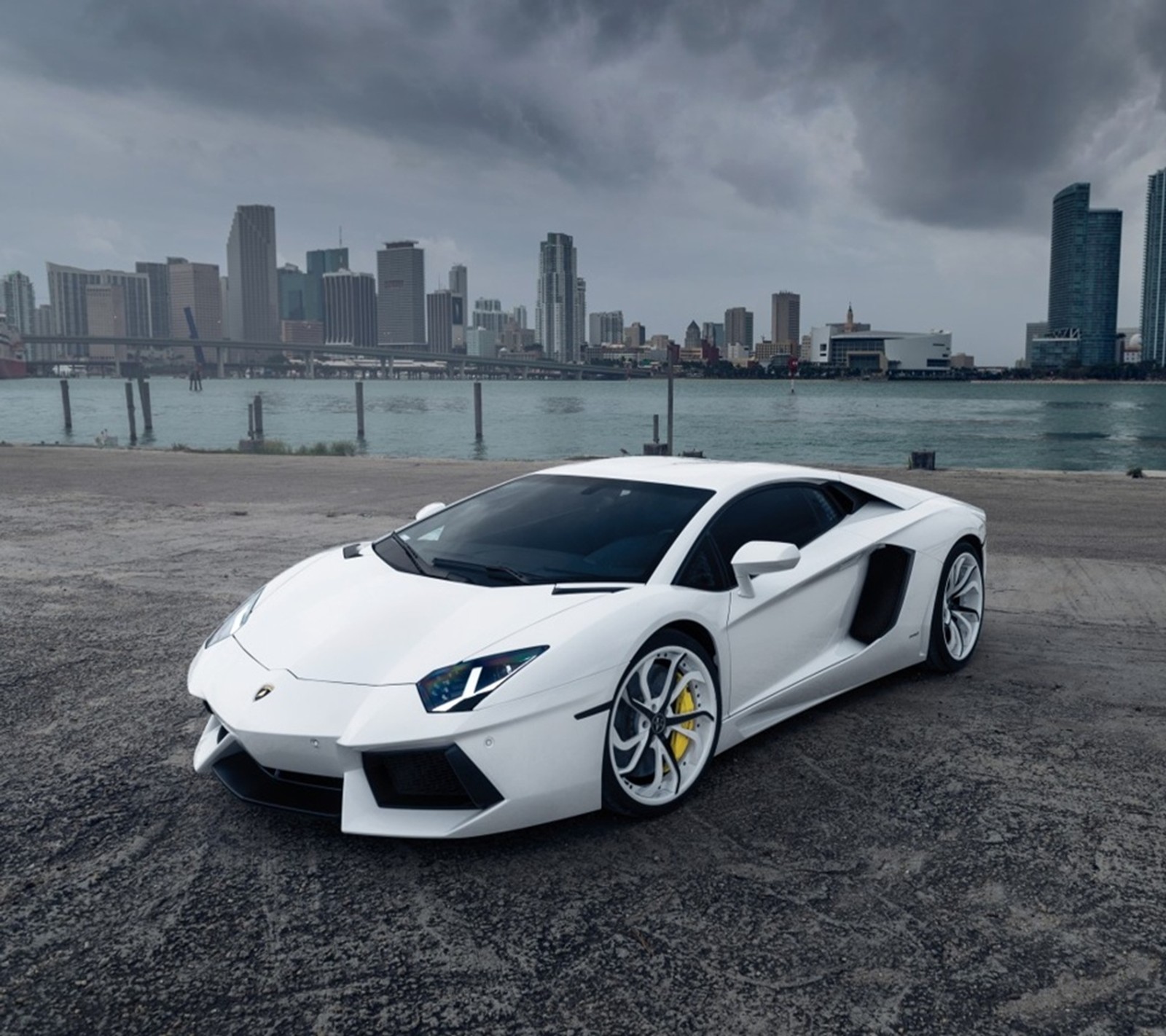 Un cordero blanco aparcado frente a un horizonte urbano (coche, clásico, genial, lamborghini, lujo)