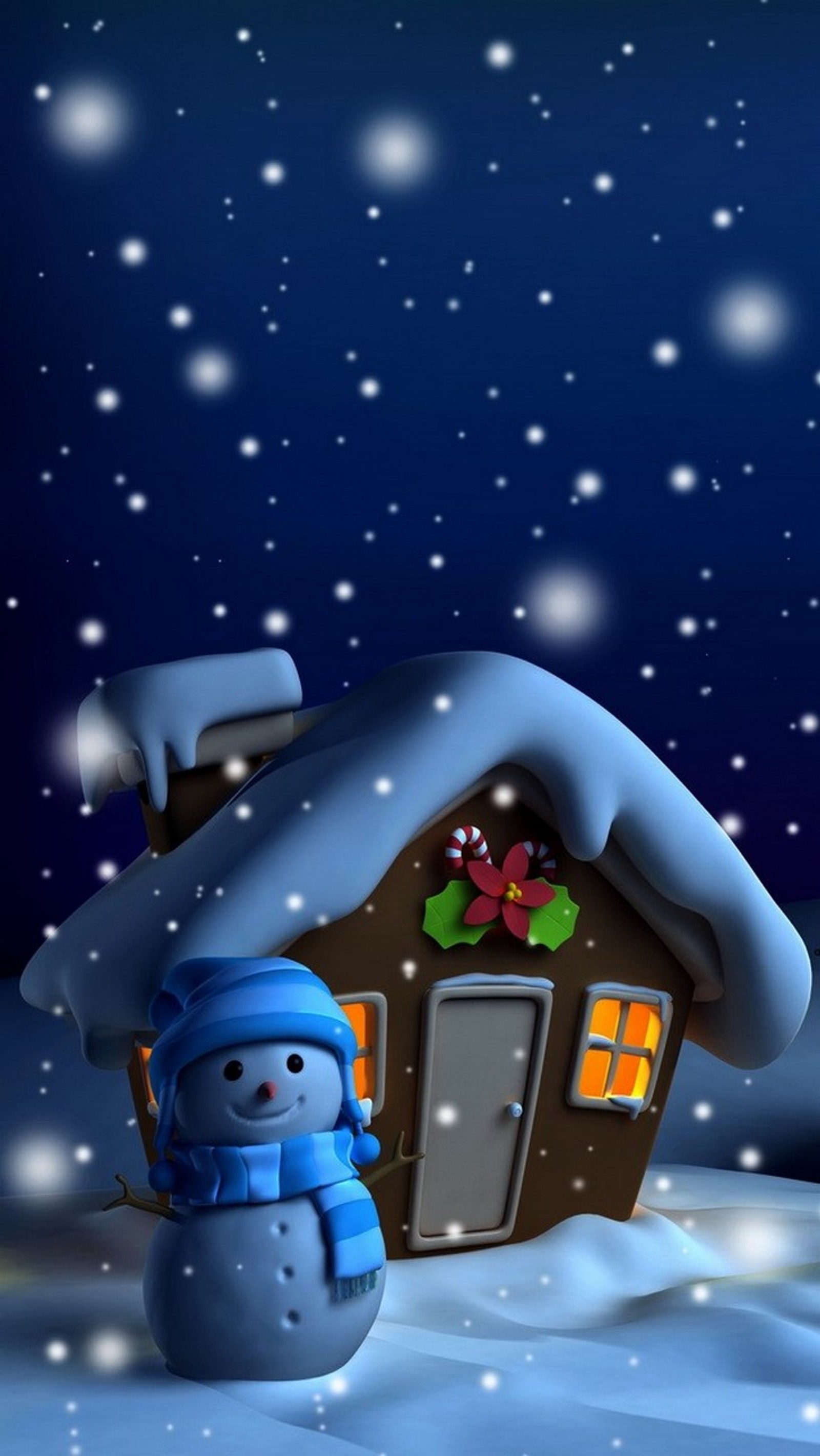 Eine nahaufnahme eines schneemanns, der vor einem haus steht (blaue nacht, weihnachten, frozen, schnee, schneemann)