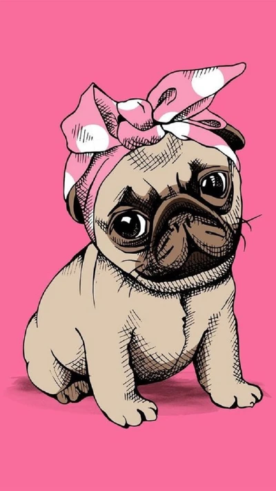 Pug fofo usando um laço rosa de bolinhas.