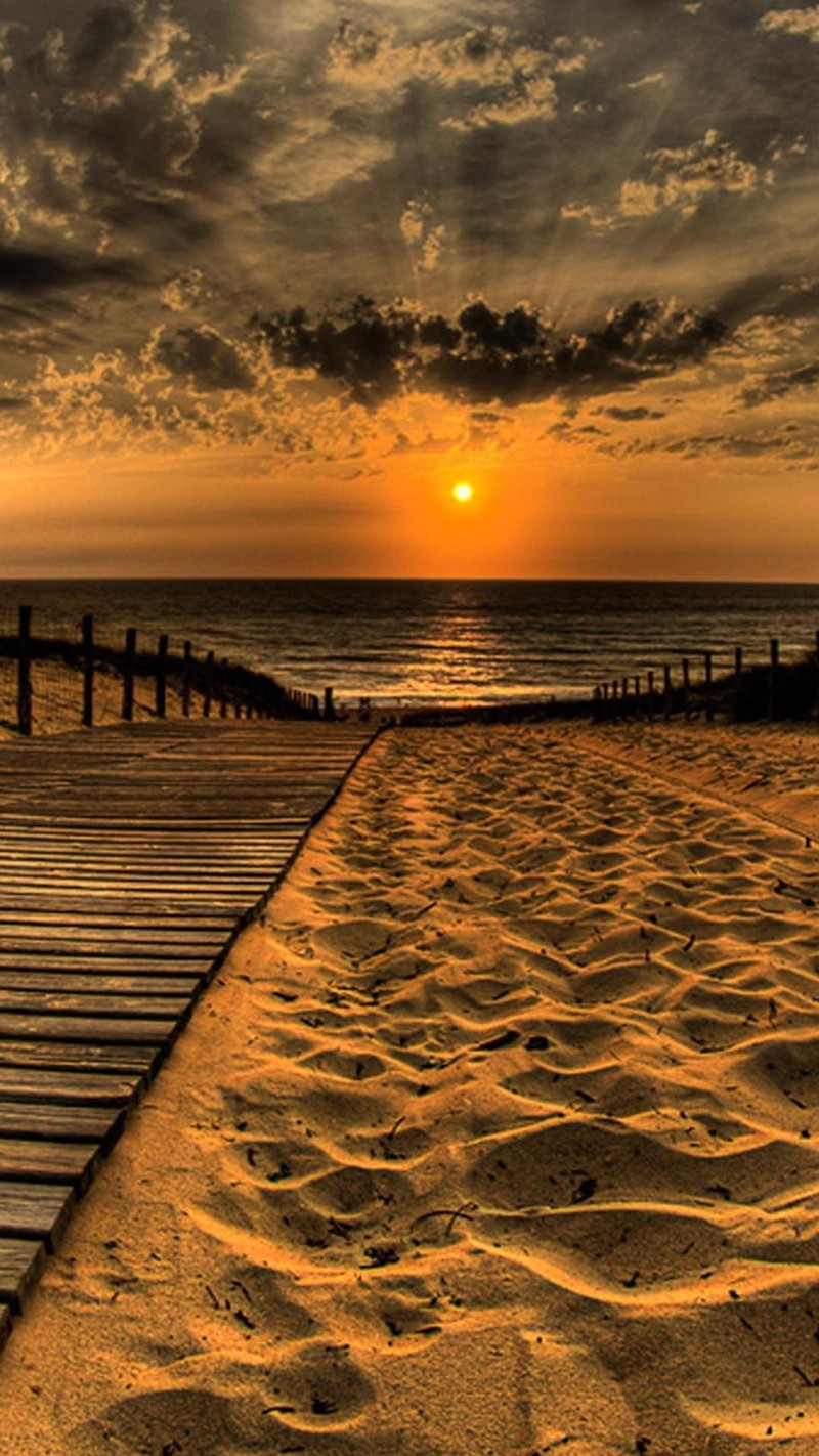 Панорамный вид на прогулочную дорожку, ведущую к пляжу на закате (beach landscape, природа, закат)