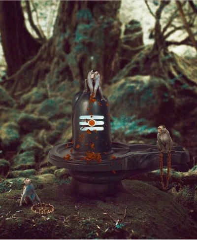 Um sagrado Shiva Lingam cercado por macacos em um ambiente florestal exuberante.