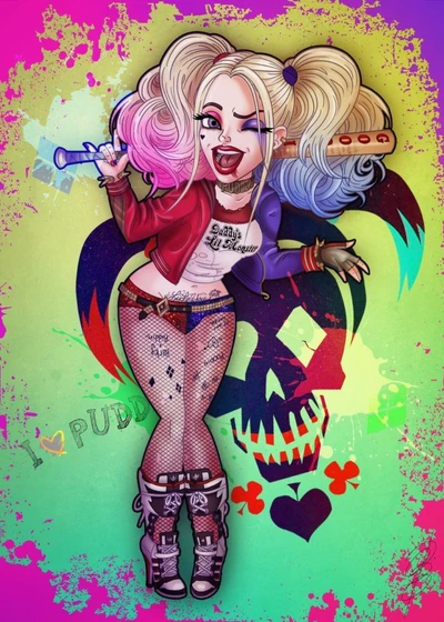 As travessuras brincalhonas de Harley Quinn com o emblema icônico do Coringa