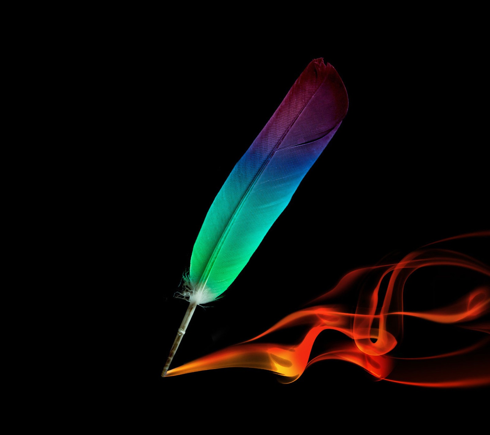 Araffe feather with a long tail and a rainbow colored tail (abstract, feather, g4, lg, pen)