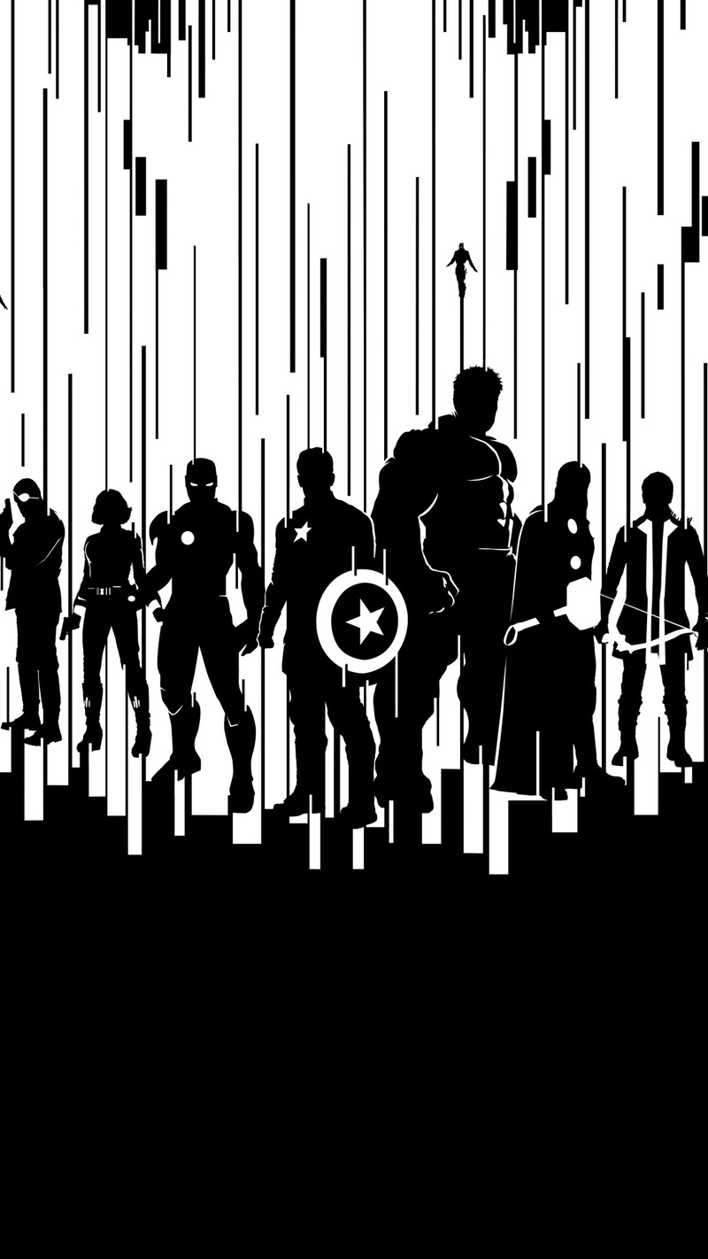 Avengers silhouettes in a line with a star on the top (flash, game, heroes, heros, images)