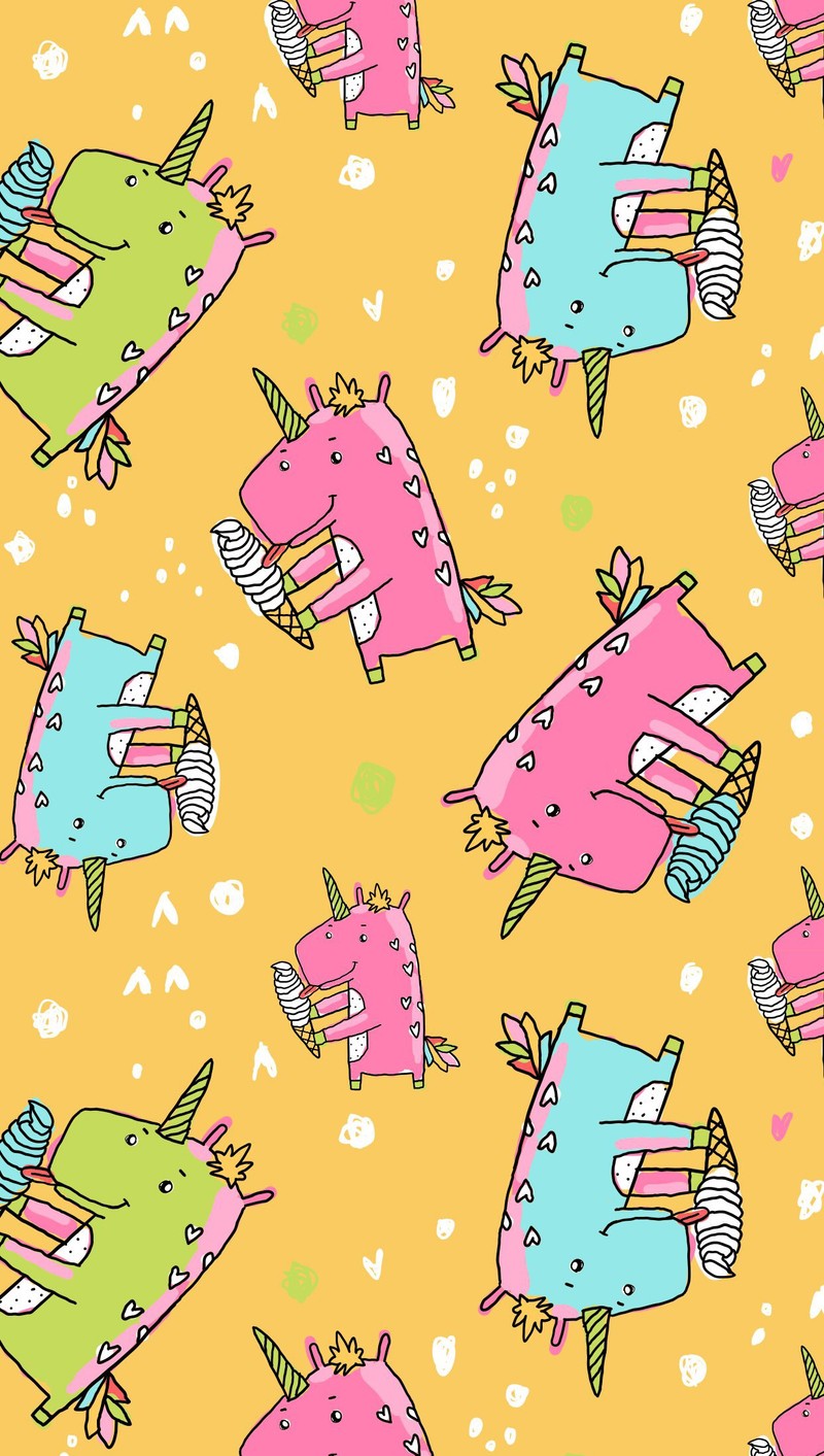 Seamless pattern of colorful cartoon monsters with horns and tails (colorful, pattern, unicorn)