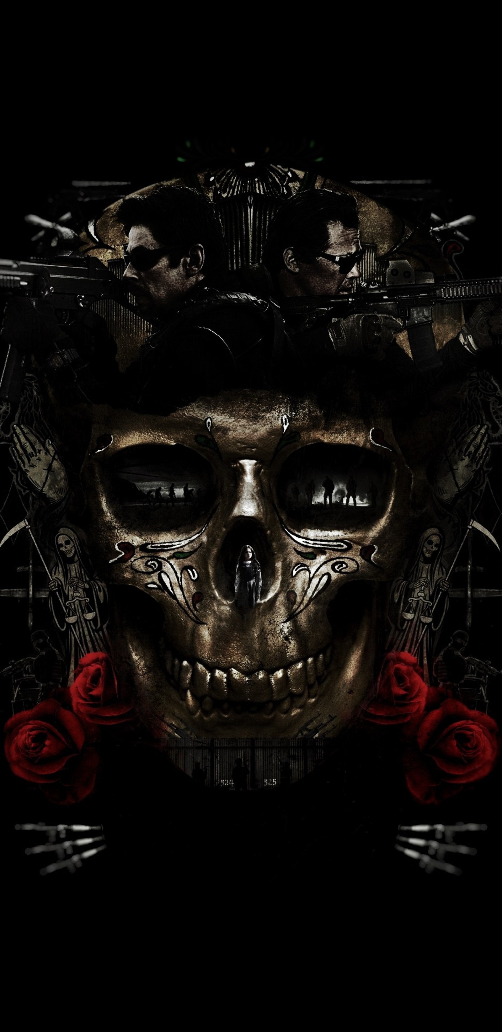 Skull with roses and guns on it's head in the dark (sicario, sicario 2, skull, punisher, movie)