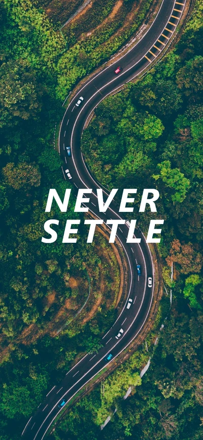 Aerial view of a winding road through lush greenery with the phrase "NEVER SETTLE" prominently displayed.