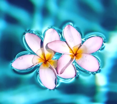 Flores de Plumeria flutuando em águas aqua