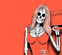 A skeletal lifeguard with vibrant hair and a playful expression, set against a bright orange background.