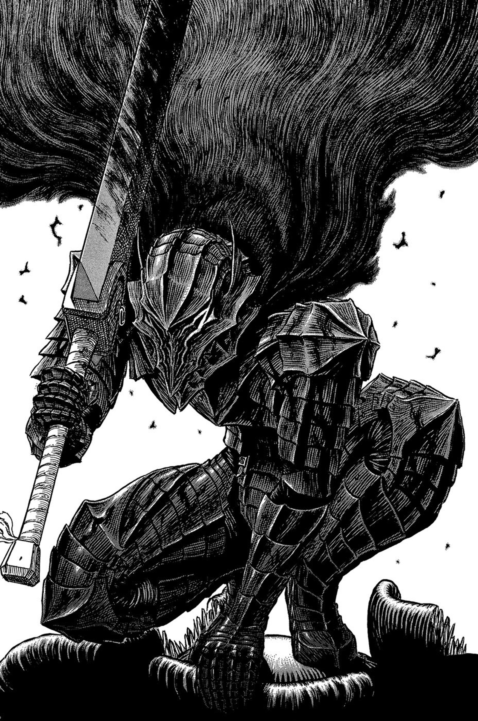 Desenho em preto e branco de um homem com uma espada (berserk, guts)