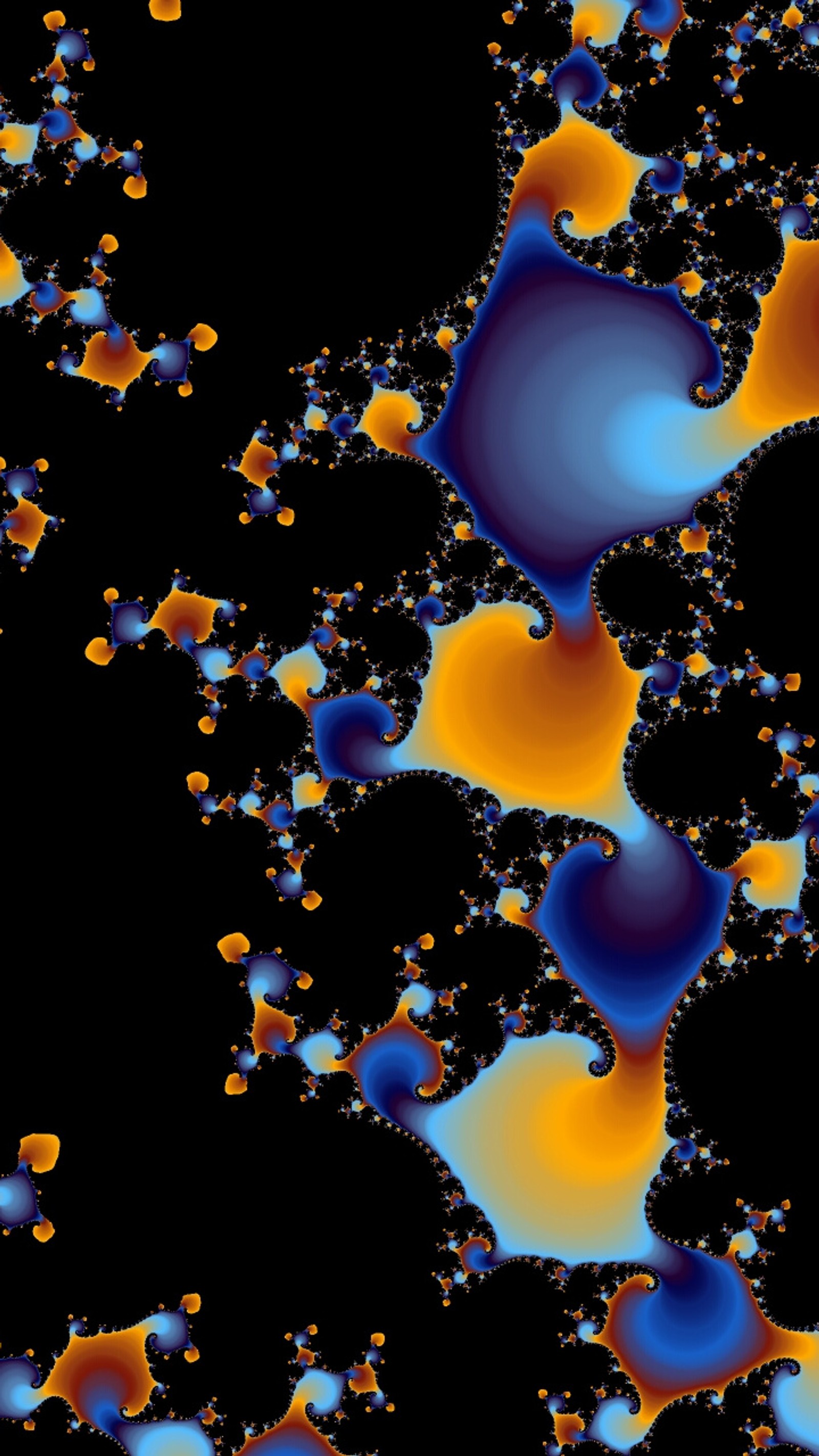 Un primer plano de una imagen generada por computadora con un patrón azul y amarillo (abstracto, negro, azul, colorido, fractal)