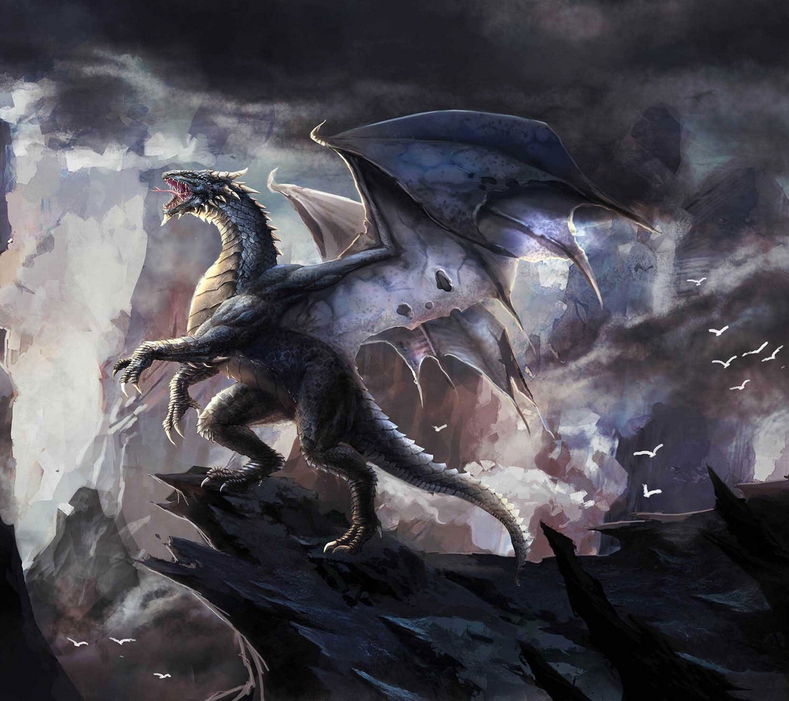 Un dragon volant au-dessus d'une montagne (bête, dragon, drake, mal, lézard)