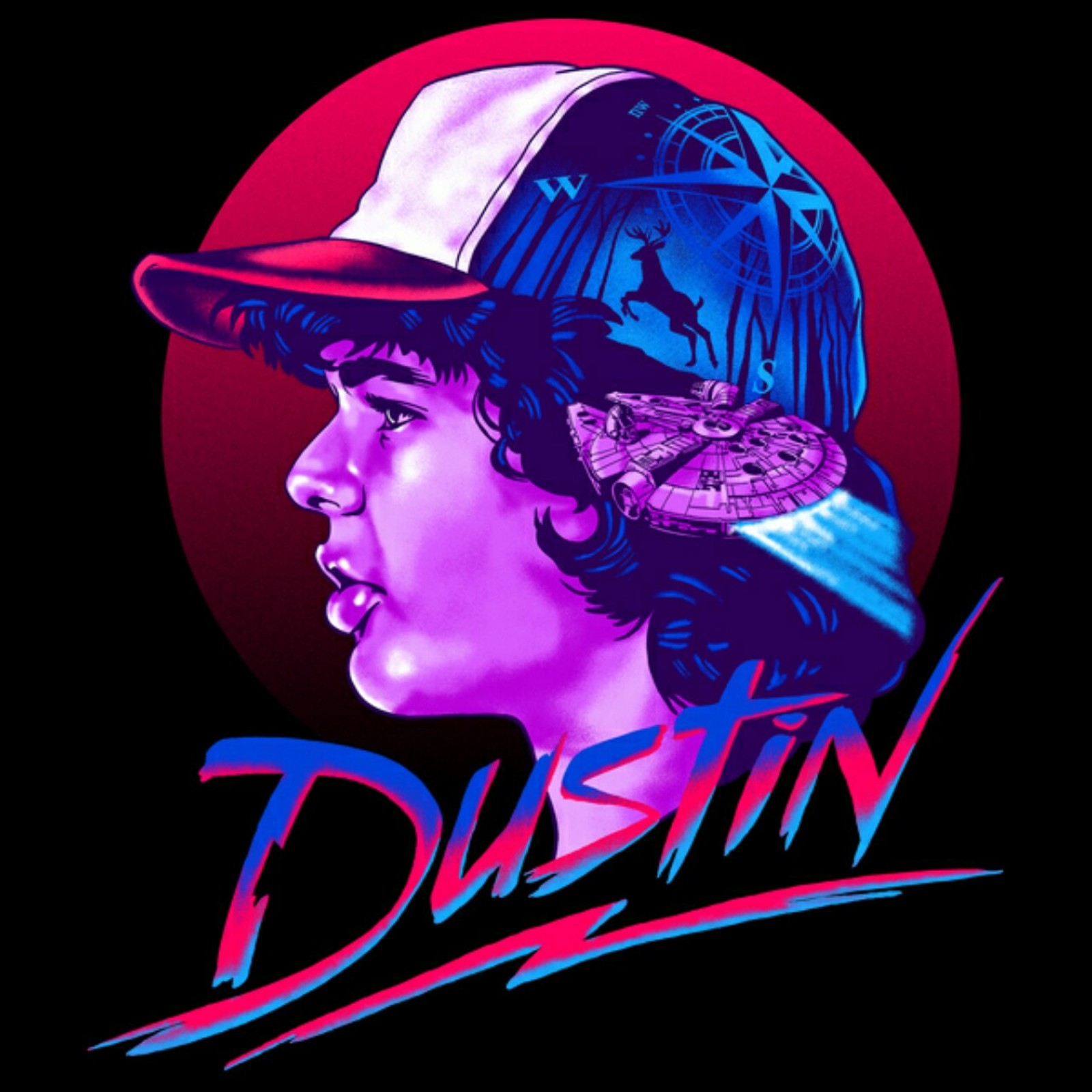 Gros plan d'une personne portant un chapeau avec un vaisseau de star wars en arrière-plan (dustin, stranger things)