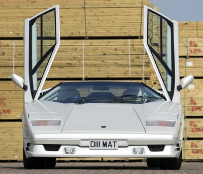 Lamborghini with iconic doors lifted against a backdrop of stacked wooden pallets.