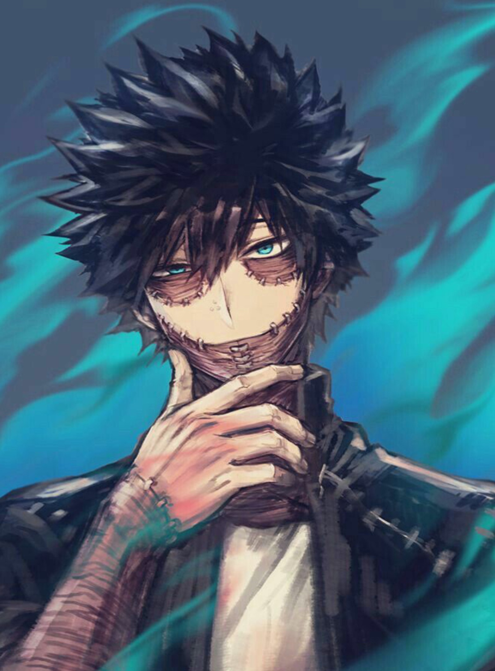 Garçon anime avec des cheveux noirs et des yeux bleus tenant sa main sur son menton (bae, dabi)