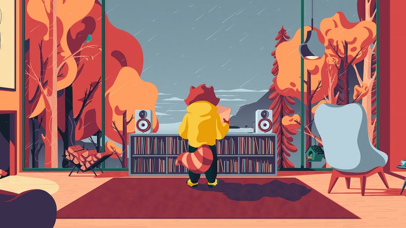 Мультфильм о человеке, стоящем в гостиной с кошкой. (lofi, енот, цифровое искусство)