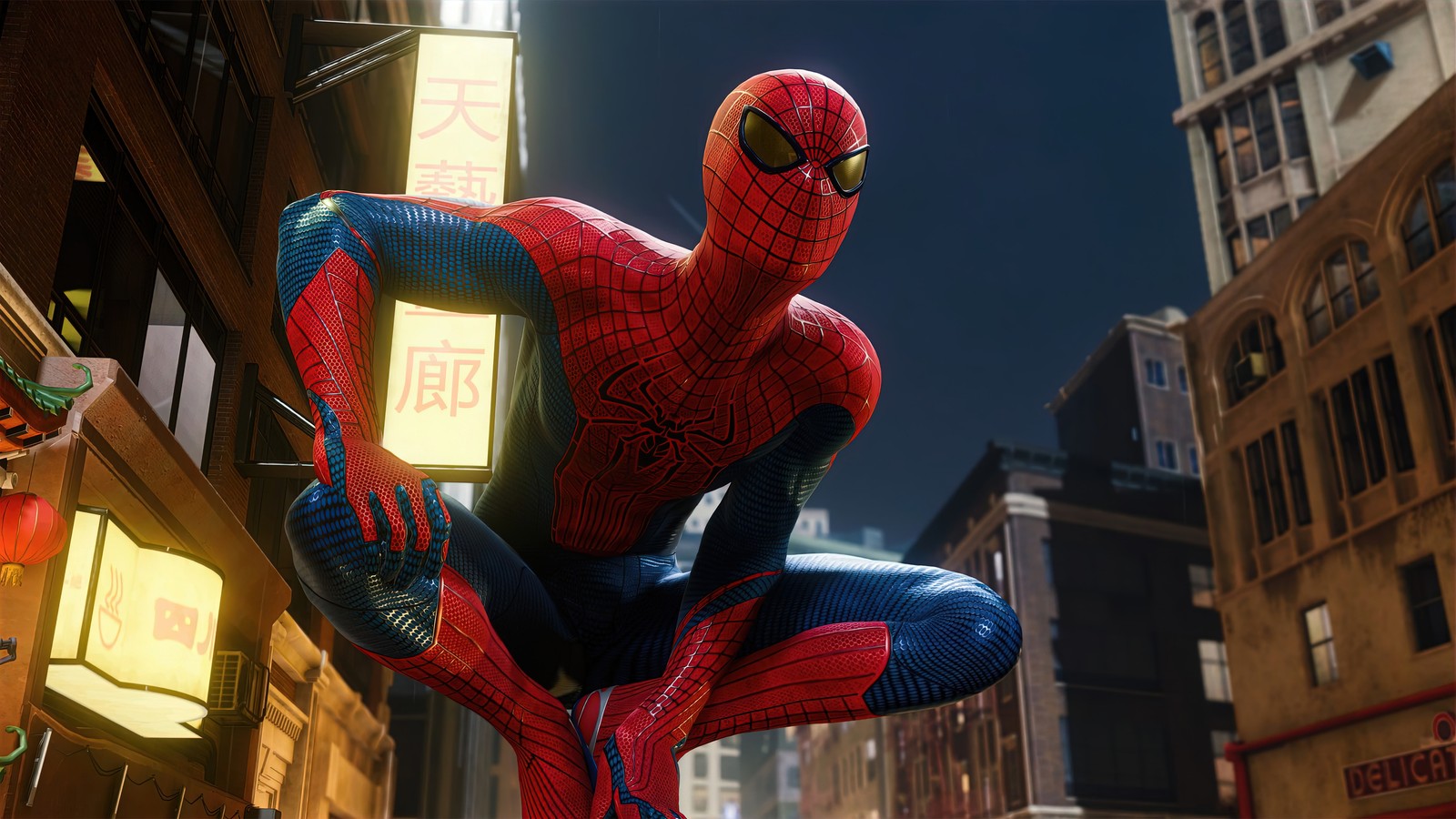 Spider-man dans un cadre urbain avec un panneau néon en arrière-plan (marvels spider man, remasterisé, playstation 4, ps4, jeu vidéo)