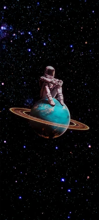 Astronaut Relaxing on a Saturn-like Planet Amidst a Cosmic Background