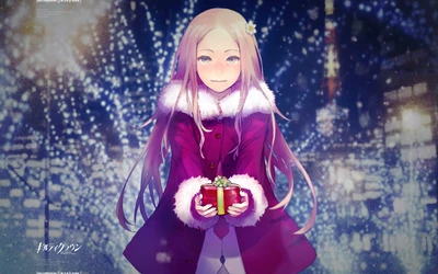 Inori Yuzuriha em um casaco roxo festivo, segurando um pequeno presente, iluminada por um fundo de inverno mágico.