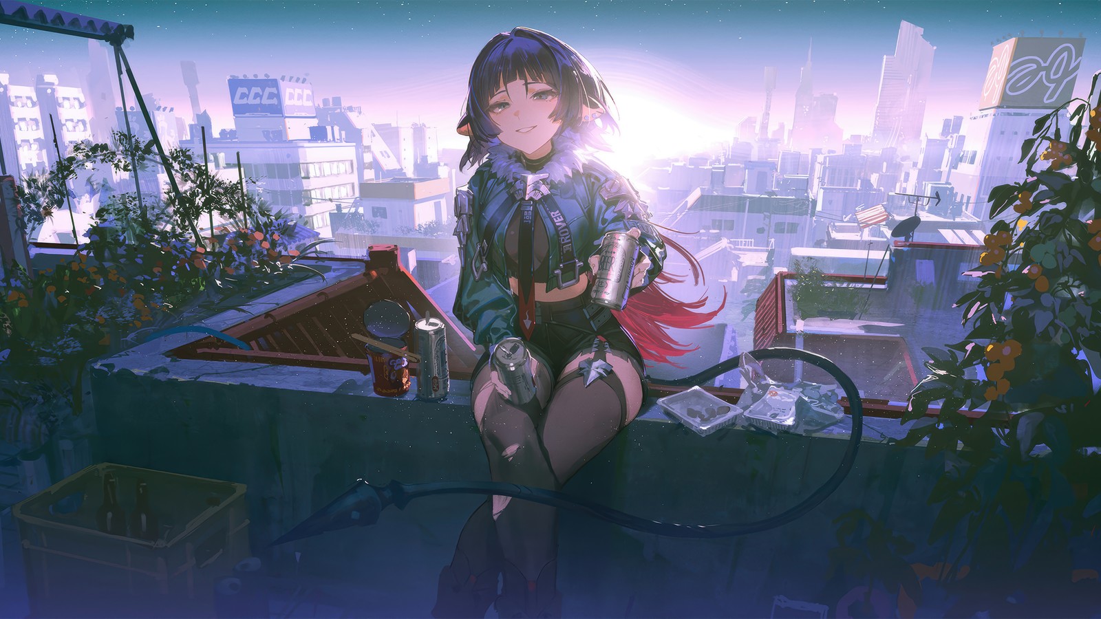 Fille anime assise sur un rebord surplombant le paysage urbain (jane doe, zenless zone zero, jeu vidéo, zzz)