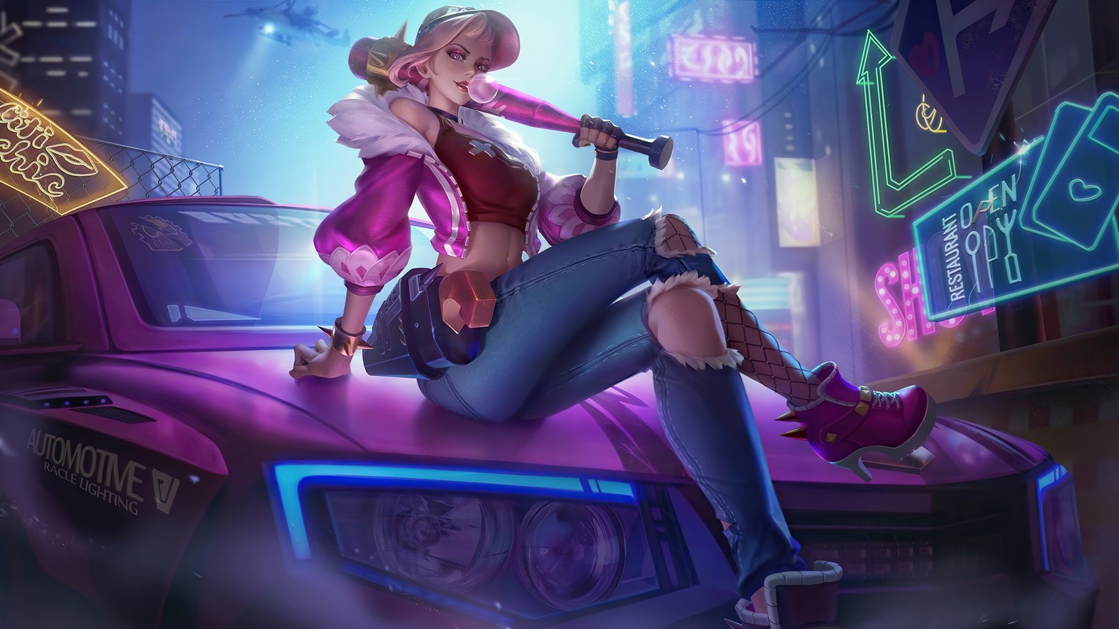 Une femme assise sur le toit d'une voiture dans une ville (fanny, princesse punk, mobile legends, bang bang, mlbb)