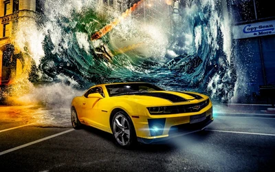 Желтый Chevrolet Camaro на фоне драматической волны