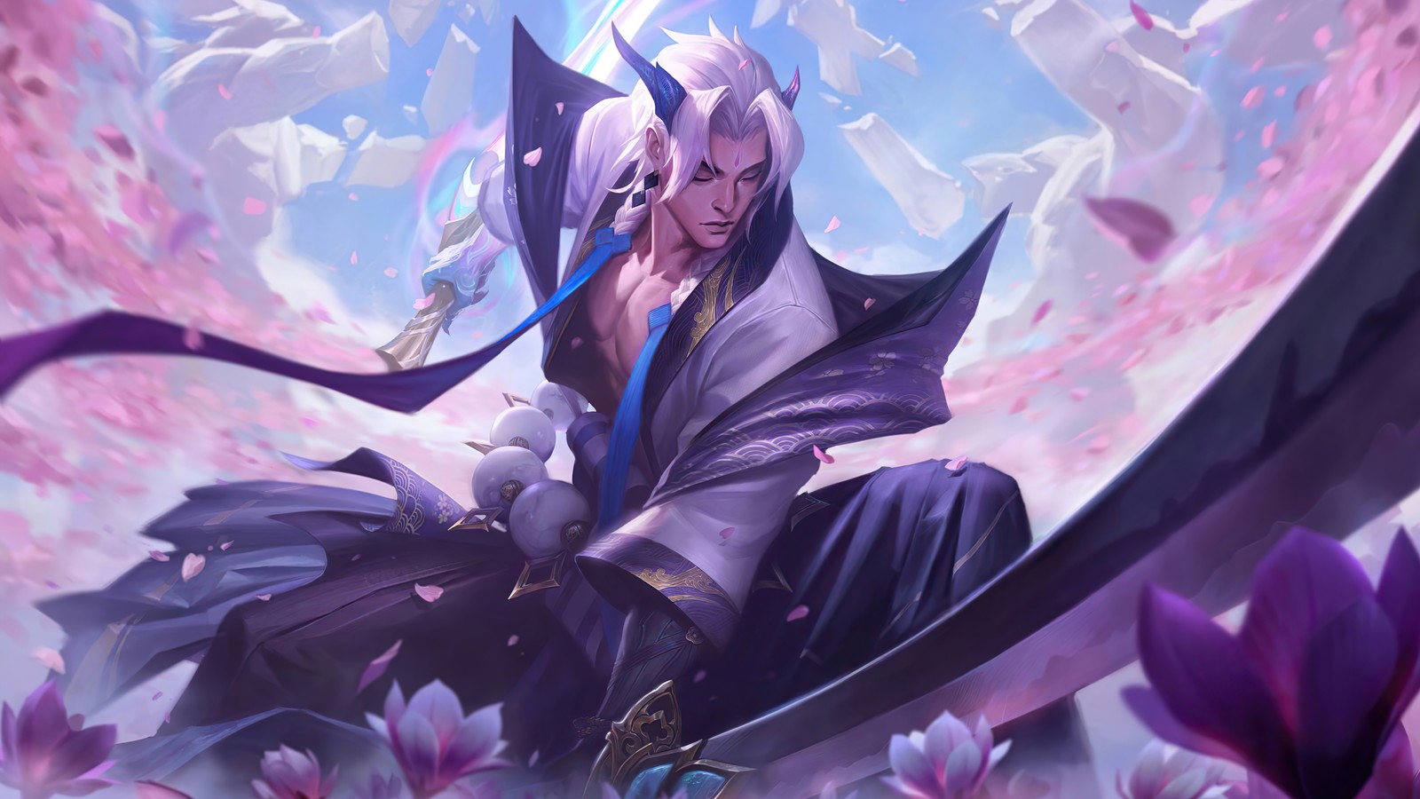 A close up of a person holding a sword in a field of flowers (spirit blossom, yone, lol, league of legends, video game)