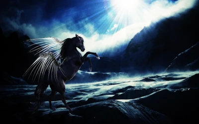 Majestic Winged Horse Amidst Dark Skies and Ethereal Light