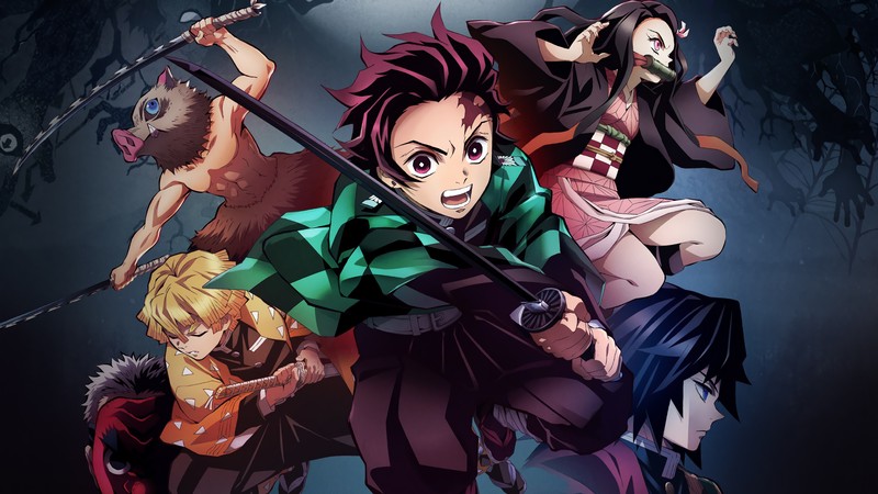 Группа аниме-персонажей стоит на фоне темноты (kimetsu no yaiba, аниме, anime, tanjirou kamado, nezuko kamado)